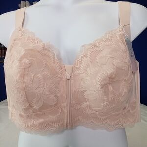 ZipLacy PINK Lace Bra Stretch Wide Straps Front Zip Convertible Size 5XL NWT